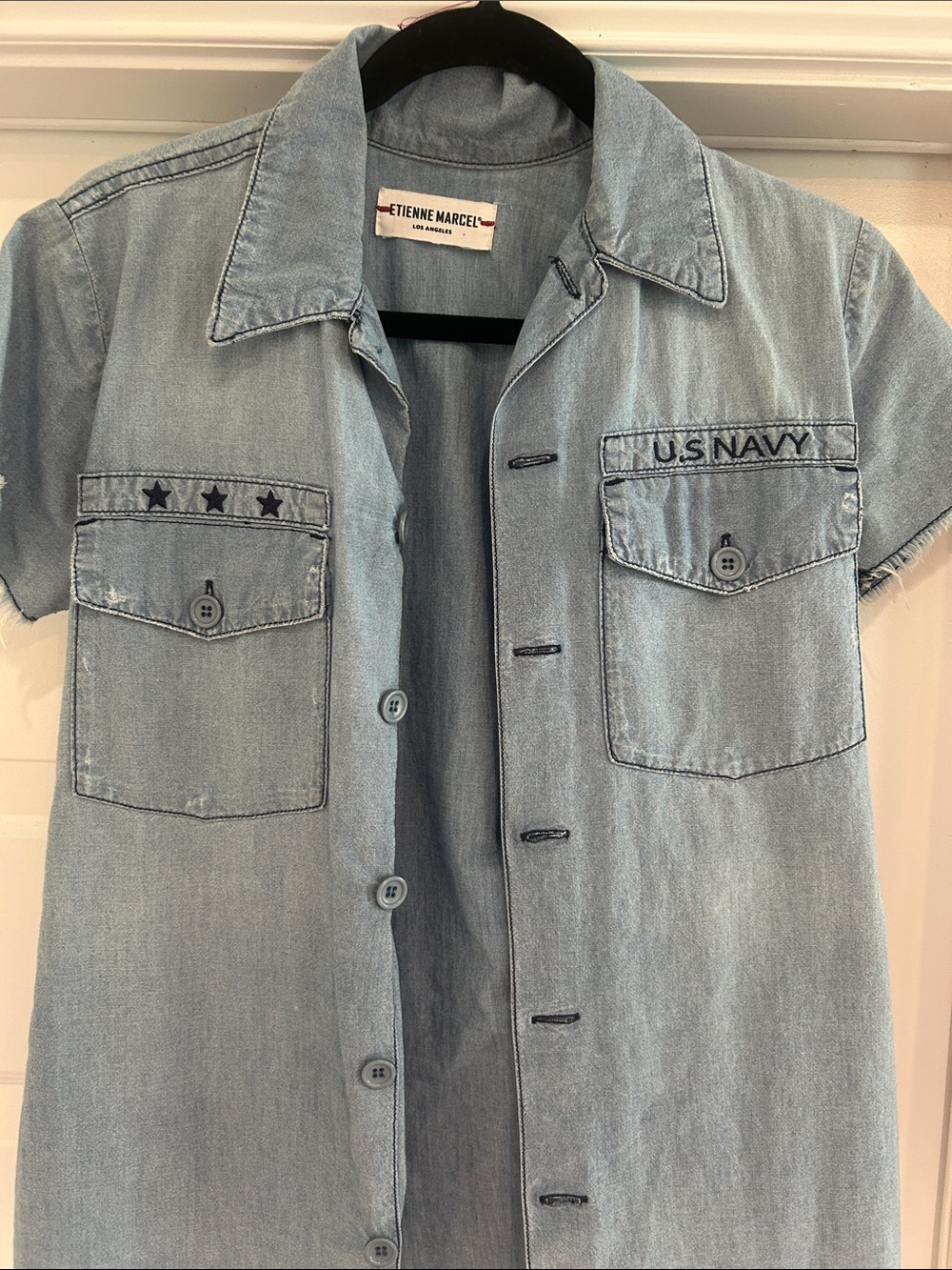 Etienne Marcel Light Blue Denim Short-Sleeve Shirt - US Navy Patch